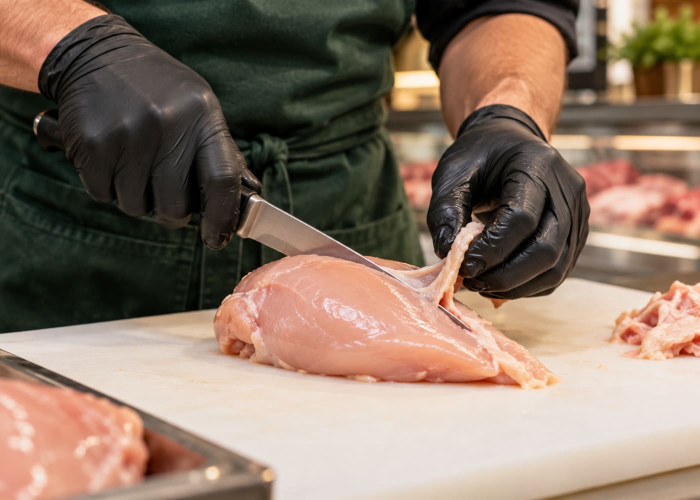Delvora butcher trimming chicken by hand