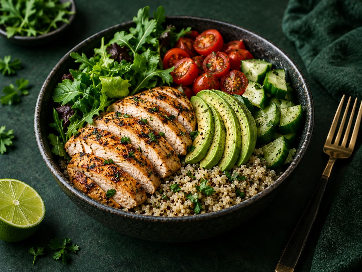 Grilled lean chicken breast with salad in a meal prep bowl