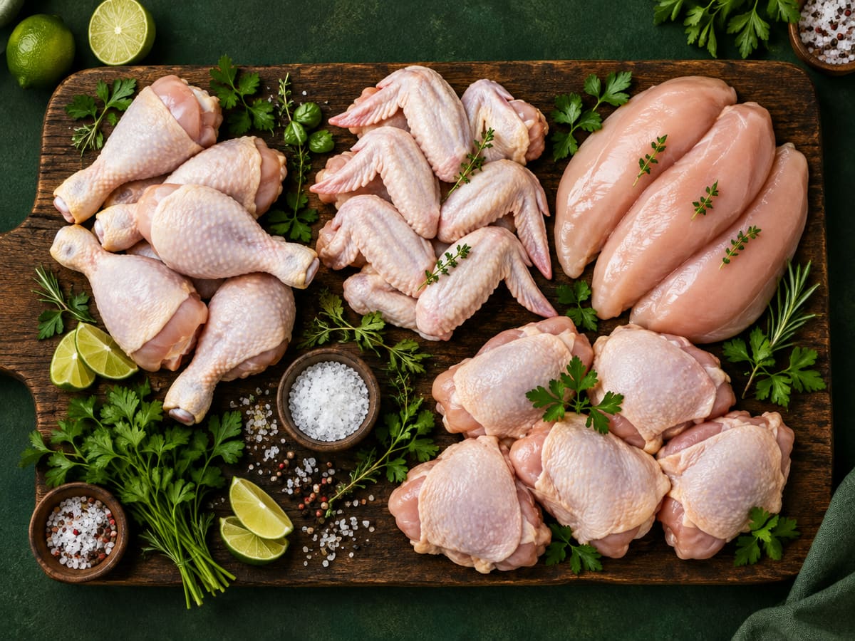 Fresh raw chicken cuts arranged on a wooden board