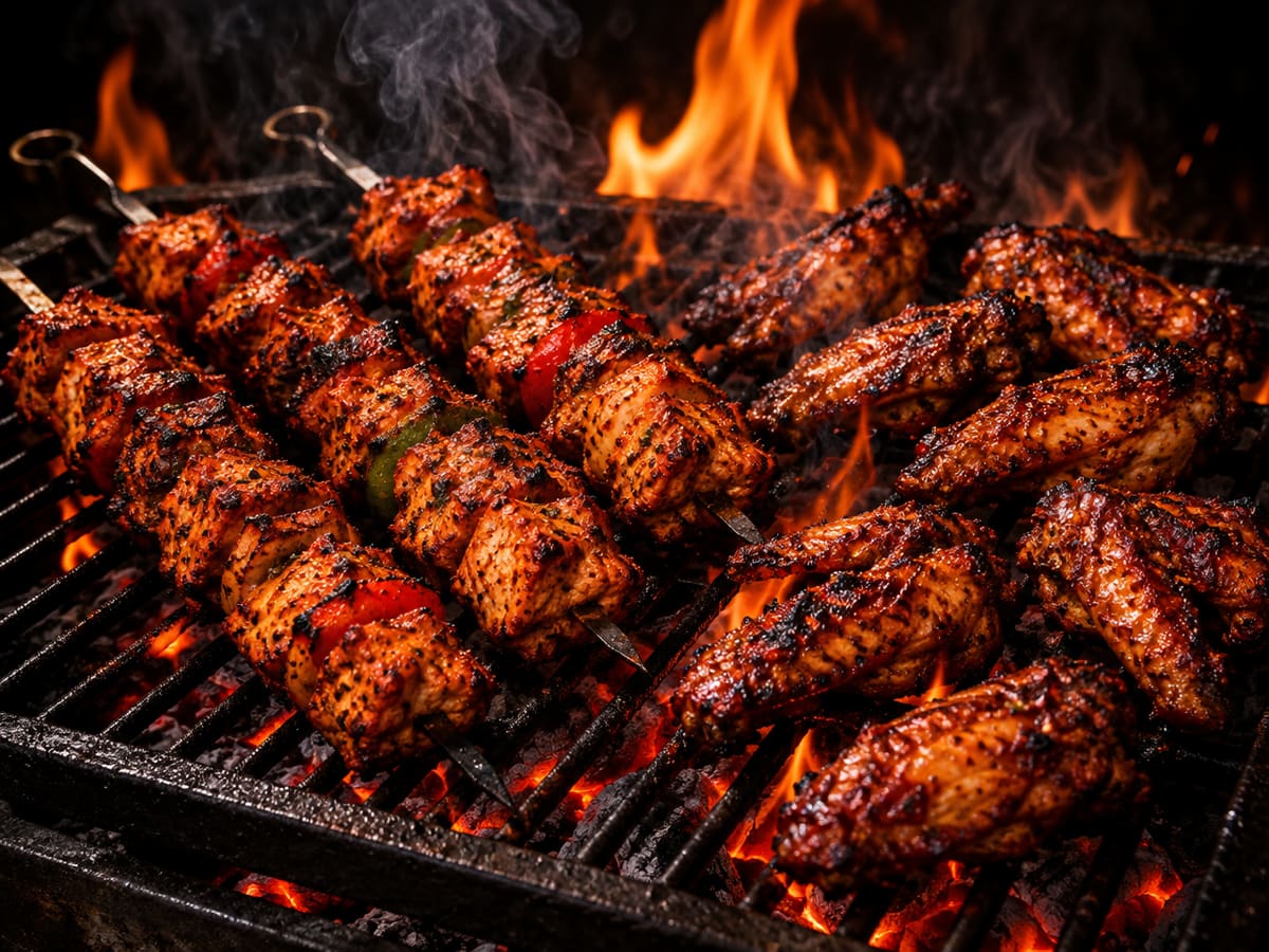 Chicken tikka and wings sizzling over a charcoal grill