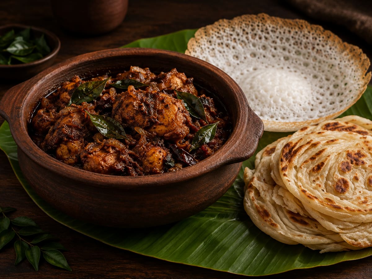 Kerala chicken roast in a clay pot with curry leaves