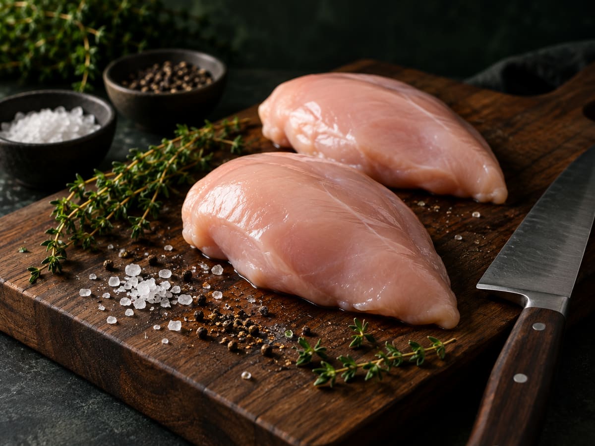 Lean boneless chicken breast fillets on a wooden board