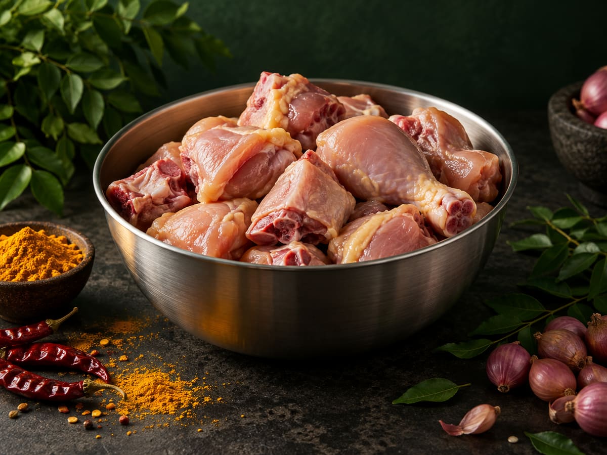 Bone-in chicken curry cut pieces in a steel bowl