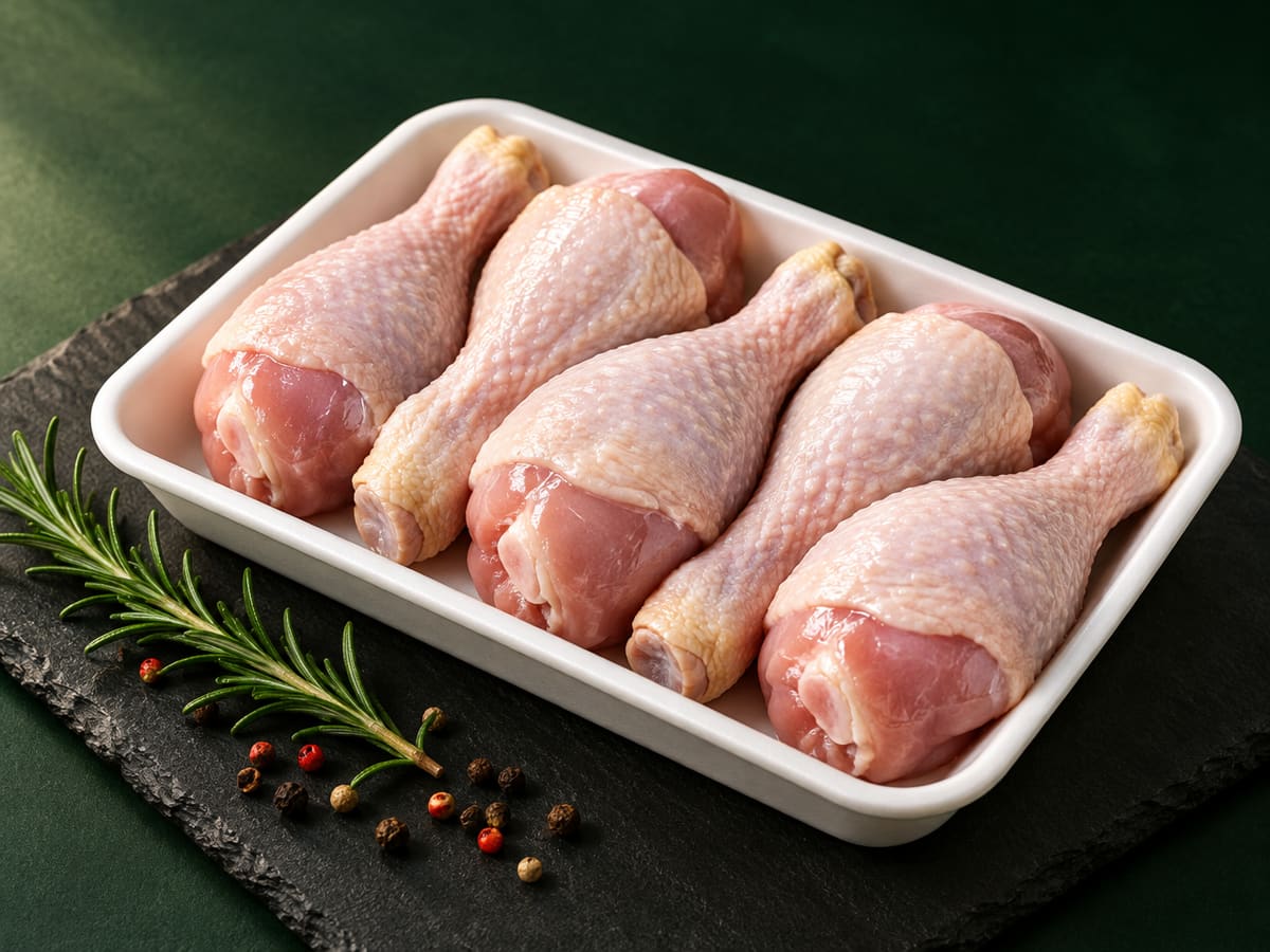Fresh raw Delvora chicken drumsticks in a tray