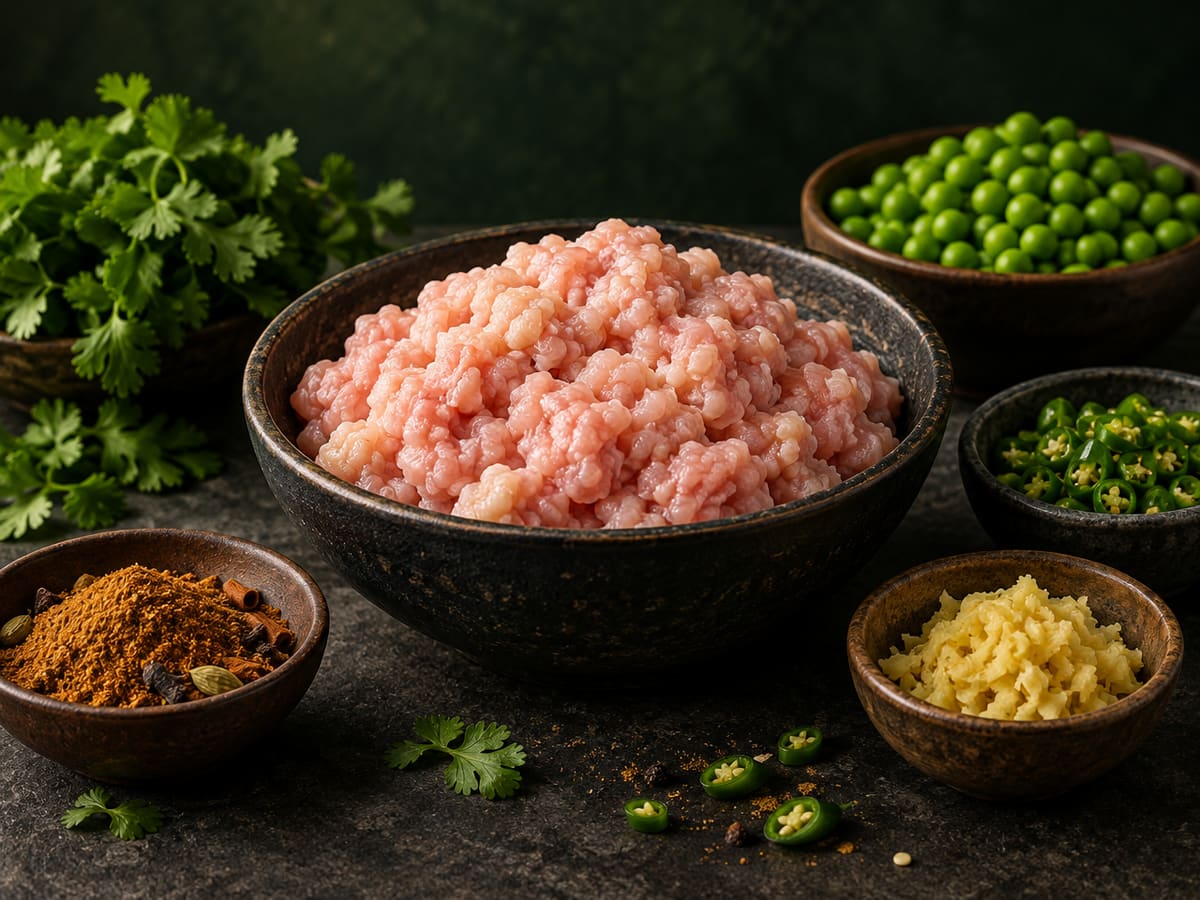 Fresh chicken keema mince in a bowl with spices