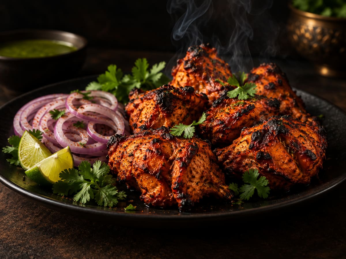 Charred Delvora chicken tikka pieces on a black plate