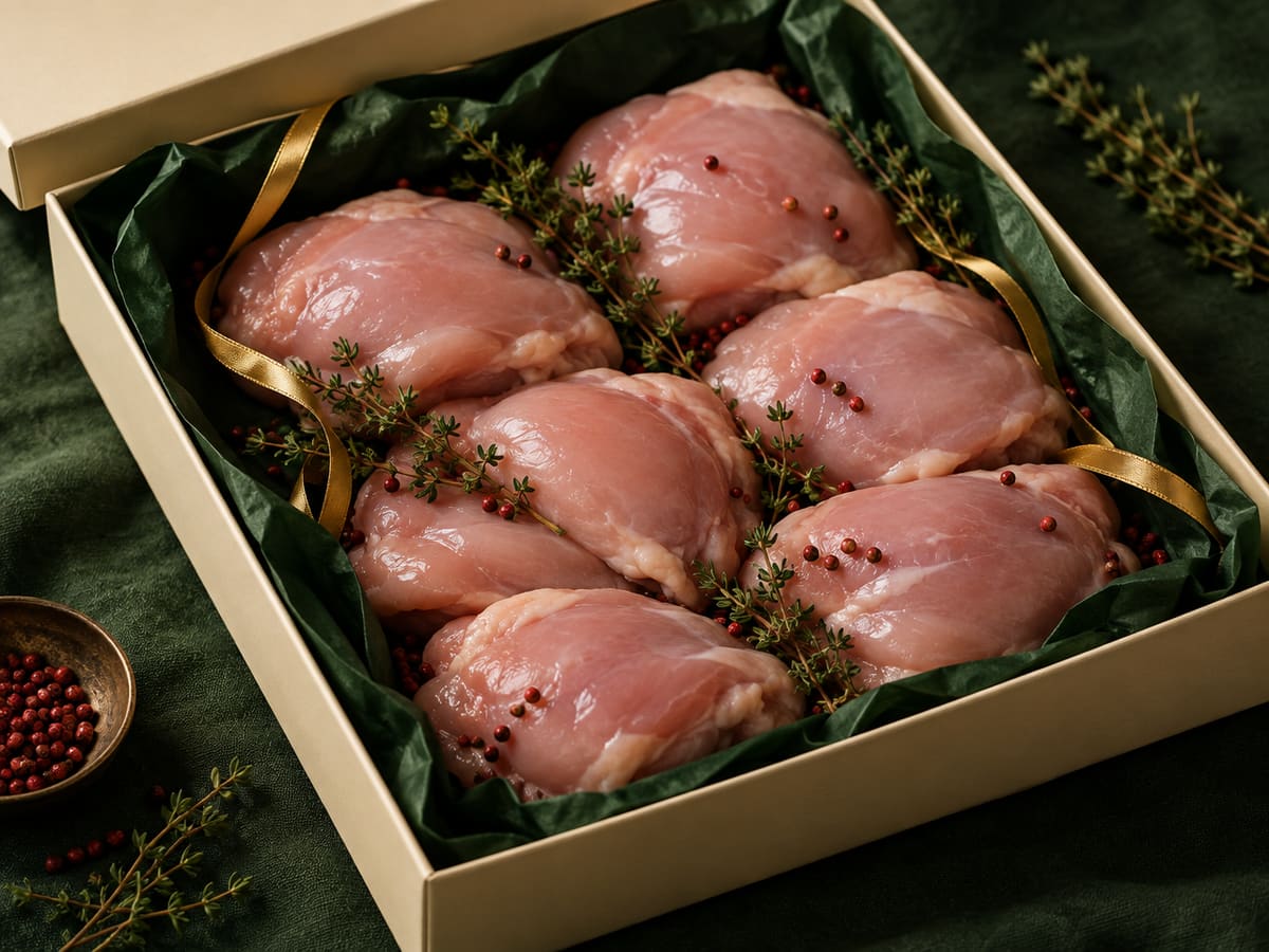 Premium boneless chicken thighs in a Delvora Reserve Collection box