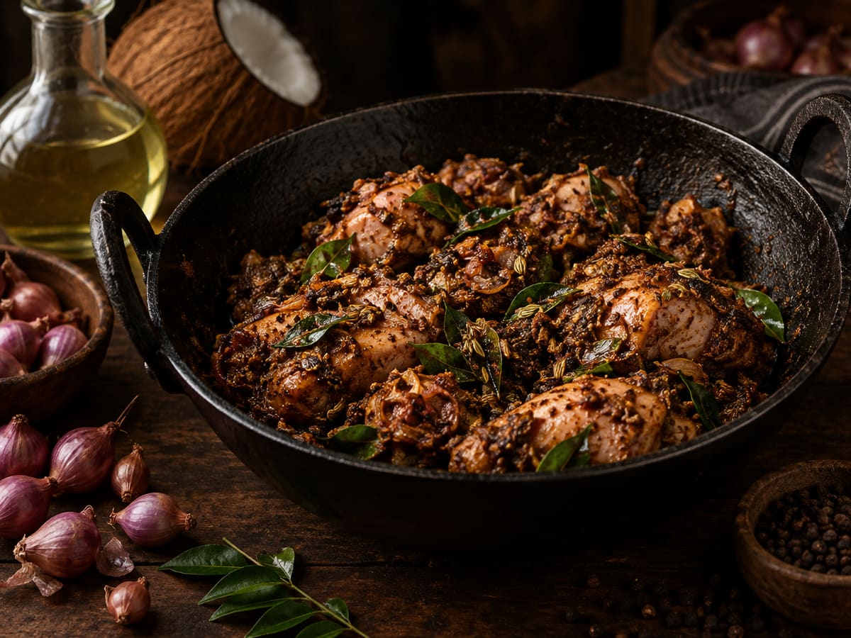 Kerala roast chicken marinated in dark masala with curry leaves