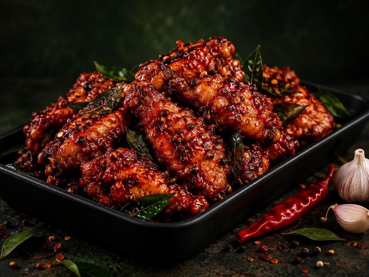 Glazed spicy chicken wings in a black tray