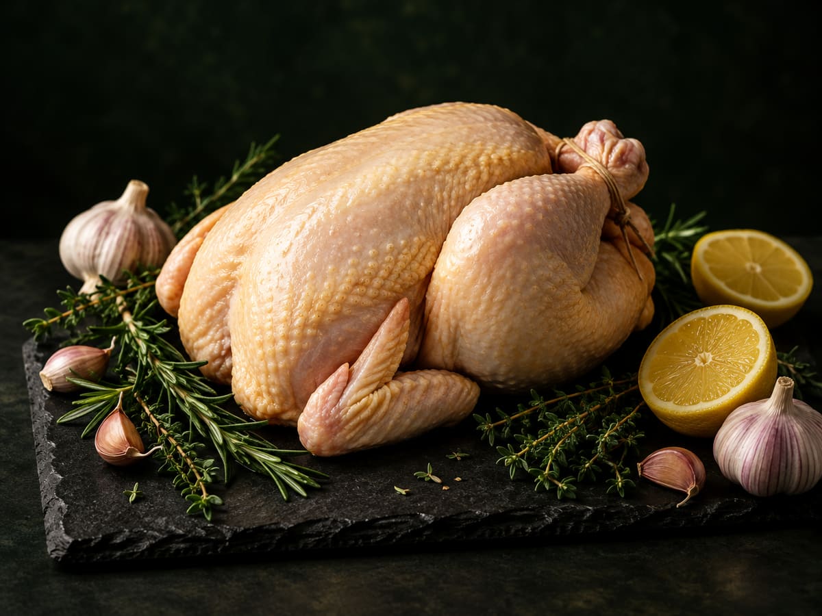 Whole dressed chicken on a dark slate board with herbs