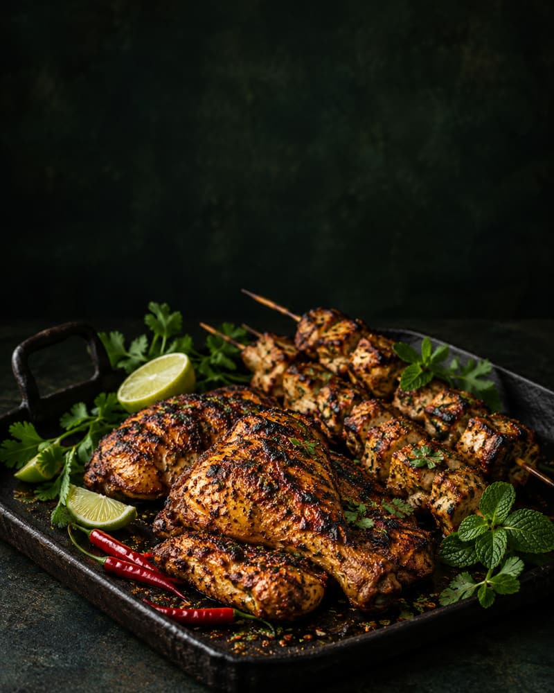 Grilled chicken skewers with herbs on a dark tray