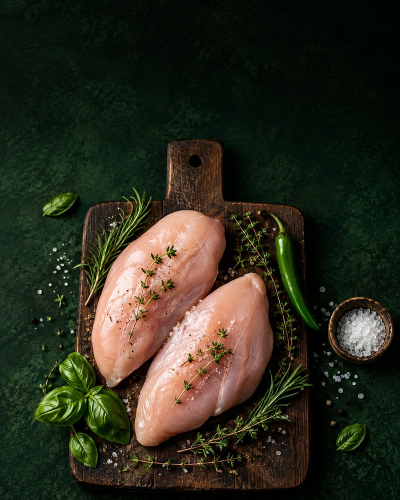 Fresh raw chicken breasts on a wooden board