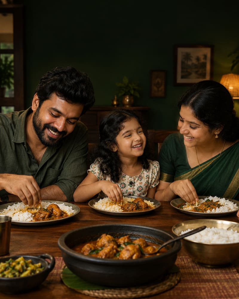 Kerala family enjoying a chicken meal together