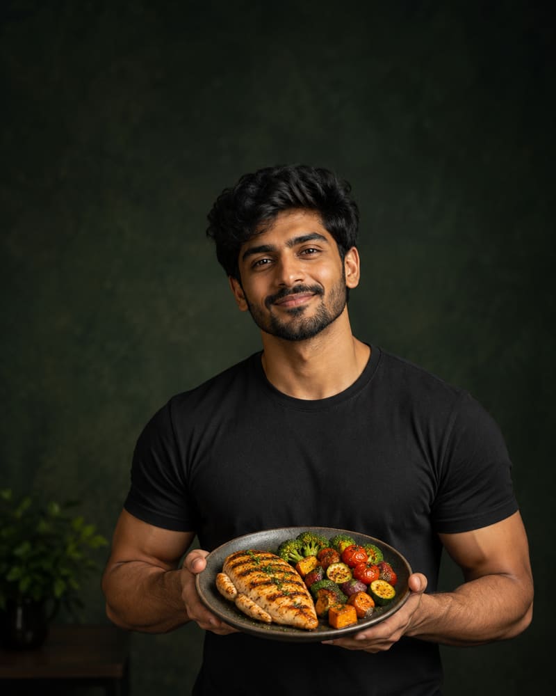 Man holding a plate of grilled chicken and vegetables
