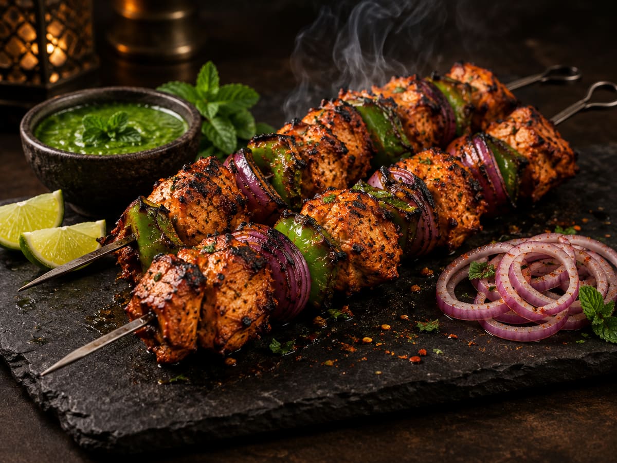 Chicken tikka skewers with onion rings and lime wedges