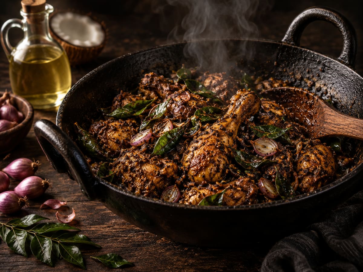 Kerala chicken roast with curry leaves in an iron kadai