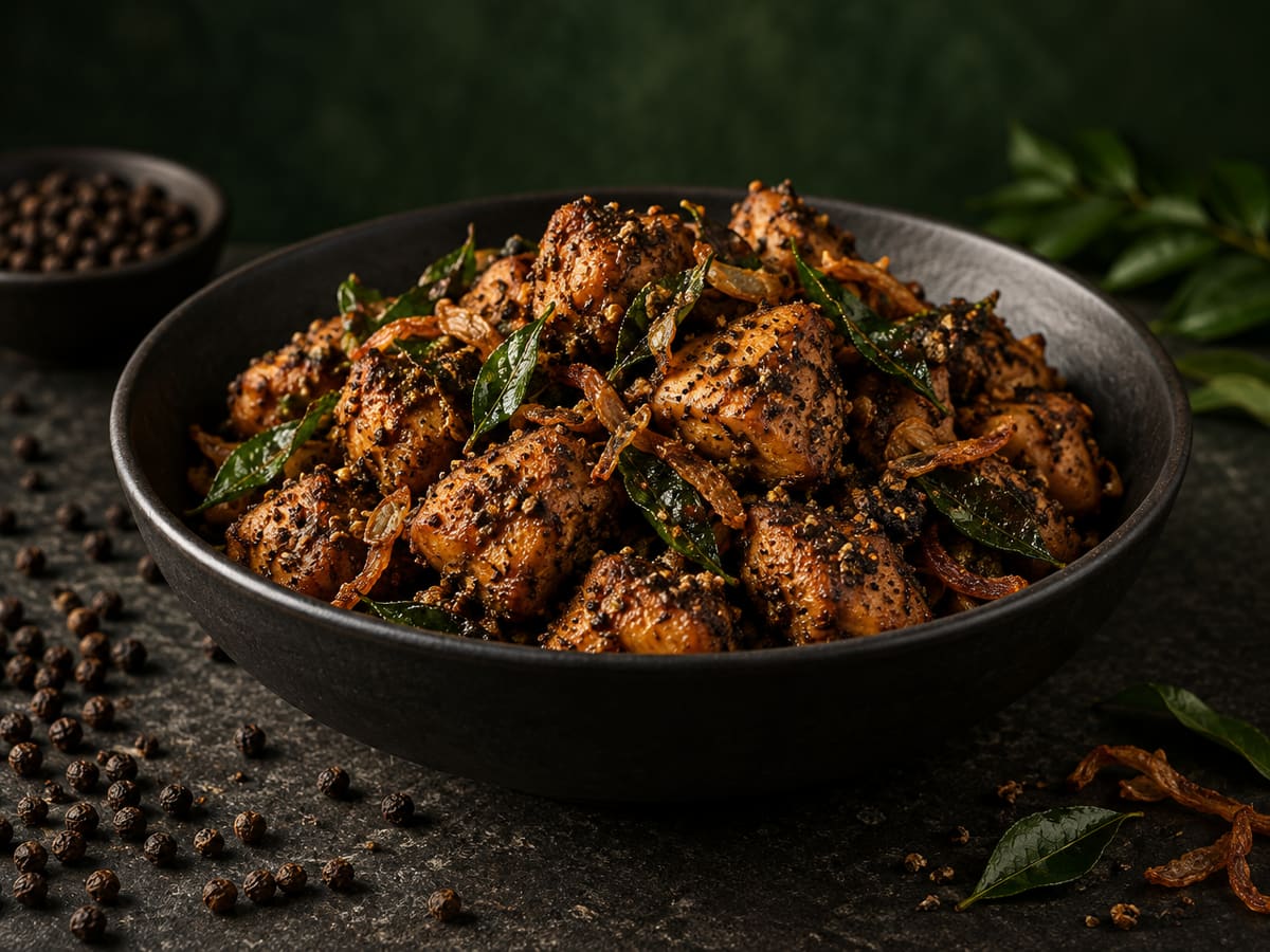 Dry pepper chicken fry with curry leaves in a dark bowl