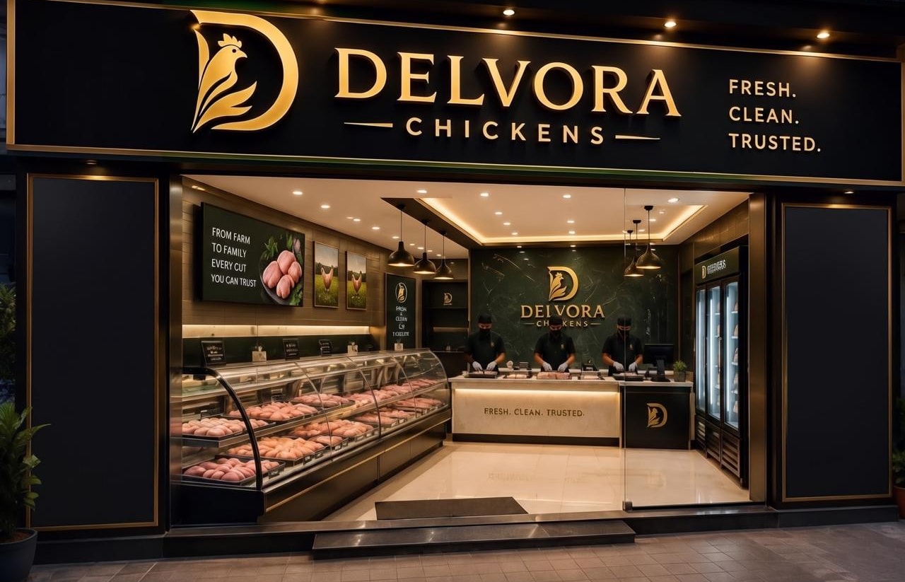 Delvora store front with warm lighting at dusk